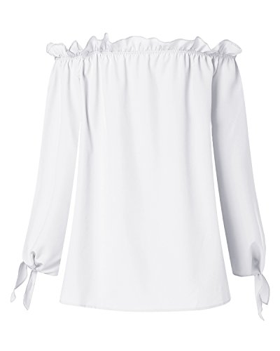 ACHIOOWA Mujer Camiseta Manga Larga Sexy Hombros Descubiertos Otoño Blusa Elegante Casual Top Shirt 814413-Blanco M