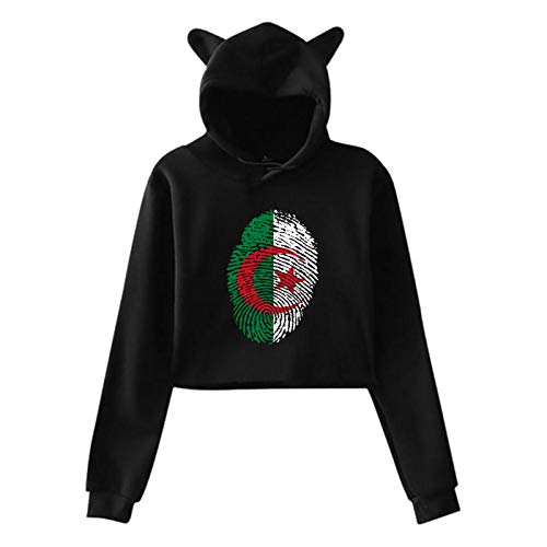 African Cup Champion Algeria Flag Fingerprint Cat Ear Hoodie Sweater Girls Crop Top Hip Hop Warm Cool(Medium,Black)