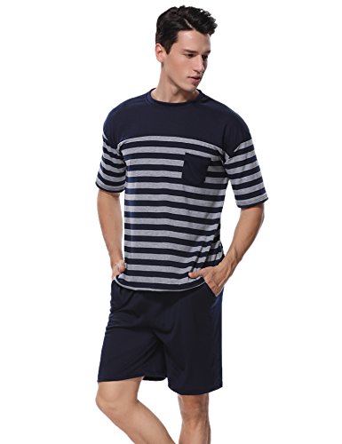 Aiboria Conjunto de Pijama para Hombre de Manga Corta Ropa de Dormir de Verano de algodón Suave Conjunto de salón de Rayas y Pantalones Cortos