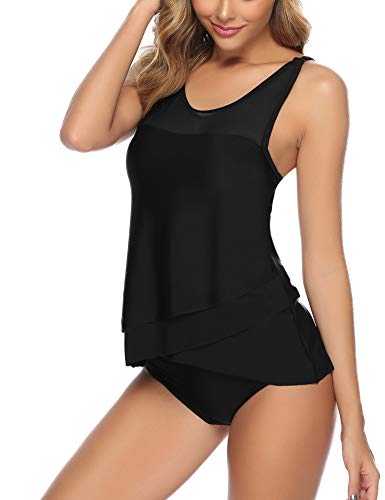 Aibrou Bañador Mujer Blouson Tankini Traje de baño Impreso/Color Sólido Camiseta sin Mangas Top y Pantalones Cortos 2 Piezas Traje de baño Adelgazante Halter Volver Traje, (Negro, M)