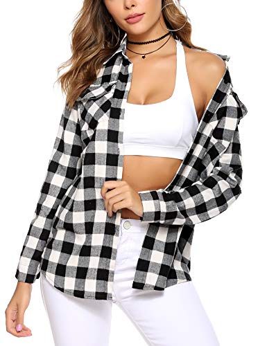 Aibrou Camisa de Cuadros para Mujer,Algodón Blusas Franela de Manga Larga Casual Clásica con Botones,Camisas a Cuadras para Primavera Otoño Invierno (Negro Blanco 2, S)