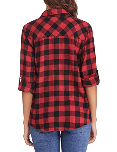 Aibrou Camisa Franela de Cuadros Mujer,Blusa Casual Camisas  Clásica Manga Larga con Botones,Ropa de Trabajo de Equipo  para Primavera Otoño Invierno (Rojo, L)