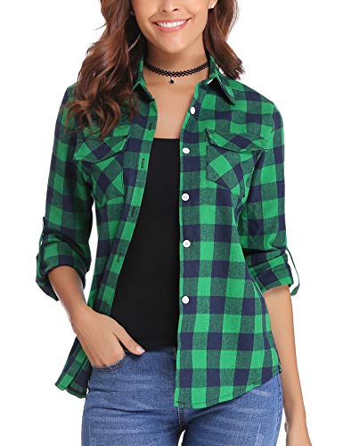 Aibrou Camisa Franela de Cuadros Mujer,Blusa Casual Camisas  Clásica Manga Larga con Botones,Ropa de Trabajo de Equipo  para Primavera Otoño Invierno (Verde, M)