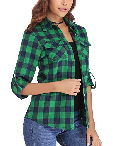 Aibrou Camisa Franela de Cuadros Mujer,Blusa Casual Camisas  Clásica Manga Larga con Botones,Ropa de Trabajo de Equipo  para Primavera Otoño Invierno (Verde, M)