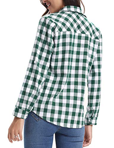 Aibrou Camisa Franela de Cuadros Mujer,Blusa Casual Camisas  Clásica Manga Larga con Botones,Ropa de Trabajo de Equipo  para Primavera Otoño Invierno (Verde Blanco, XL)