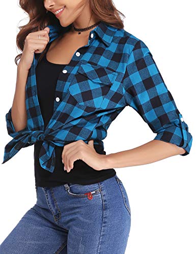 Aibrou Camisa Franela de Cuadros Mujer,Blusa Casual Camisas  Clásica Manga Larga con Botones,Ropa de Trabajo de Equipo  para Primavera Otoño Invierno (Azul, S)