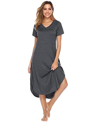 Aibrou Camisón Mujer Verano Pijama Casual Algodón Manga Corta Vestidos Mujer Ropa de Dormir Camisones Talla Grande S-XXL (S, Gris)