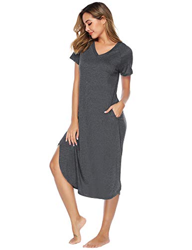 Aibrou Camisón Mujer Verano Pijama Casual Algodón Manga Corta Vestidos Mujer Ropa de Dormir Camisones Talla Grande S-XXL (S, Gris)