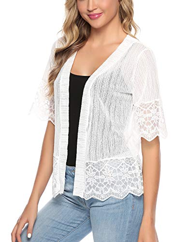 Aibrou Cárdigan de Encaje de Manga Corta para Mujer,Chaquetas Ganchillo Suelto,Chaqueta Kimono Playa,Vacaciones Playa Chal Camisolas y Pareos para Verano, (Blanco, XXL)