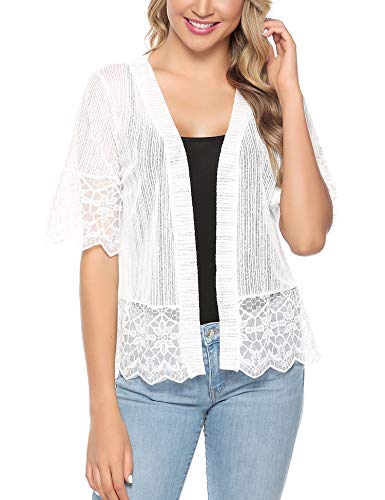 Aibrou Cárdigan de Encaje de Manga Corta para Mujer,Chaquetas Ganchillo Suelto,Chaqueta Kimono Playa,Vacaciones Playa Chal Camisolas y Pareos para Verano, (Blanco, XXL)