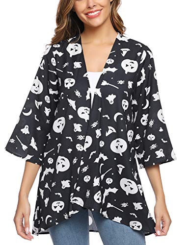 Aibrou Cárdigan Kimonos Mujer Camisolas y Pareos Pareo Playa,Cardigan Verano Manga 3/5 Tops Blusa Floral Suelta,Vacaciones Playa Chal,(Halloween 1, S)