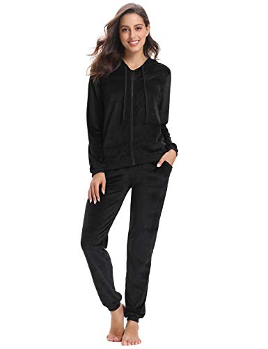 Aibrou Chandal Mujer Completo de Terciopelo,Conjunto Chándal Talla Grande,Sudadera con Capucha Cremallera con Pantalón,Conjunto Deportivo de Terciopelo,Pijamas, (Negro, S)