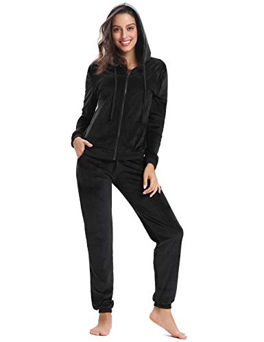 Aibrou Chandal Mujer Completo de Terciopelo,Conjunto Chándal Talla Grande,Sudadera con Capucha Cremallera con Pantalón,Conjunto Deportivo de Terciopelo,Pijamas, (Negro, XL)