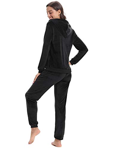 Aibrou Chandal Mujer Completo de Terciopelo,Conjunto Chándal Talla Grande,Sudadera con Capucha Cremallera con Pantalón,Conjunto Deportivo de Terciopelo,Pijamas, (Negro, L)