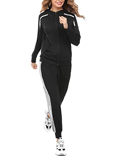 Aibrou Conjunto Chándal de Mujer Sudadera con Cremallera y Pantalones, Trajes de 2 Piezas Deporta Moda de Manga Larga Ropa de salón Corredores, (Negro , XL)