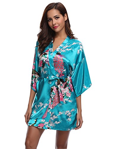 Aibrou Kimono Mujer Novia Bata Corto Sexy y Elegante con Pavo & Flores Pijamas Albornozes Camison Mujer Suave,Cómodo,Sedoso y Agradable