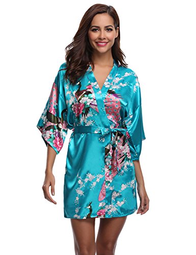 Aibrou Kimono Mujer Novia Bata Corto Sexy y Elegante con Pavo & Flores Pijamas Albornozes Camison Mujer Suave,Cómodo,Sedoso y Agradable