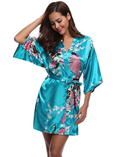 Aibrou Kimono Mujer Novia Bata Corto Sexy y Elegante con Pavo & Flores Pijamas Albornozes Camison Mujer Suave,Cómodo,Sedoso y Agradable