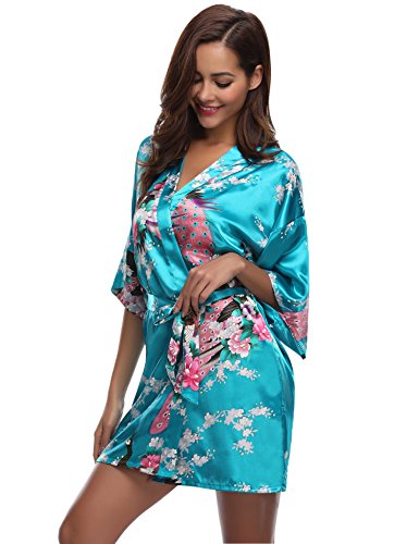 Aibrou Kimono Mujer Novia Bata Corto Sexy y Elegante con Pavo & Flores Pijamas Albornozes Camison Mujer Suave,Cómodo,Sedoso y Agradable