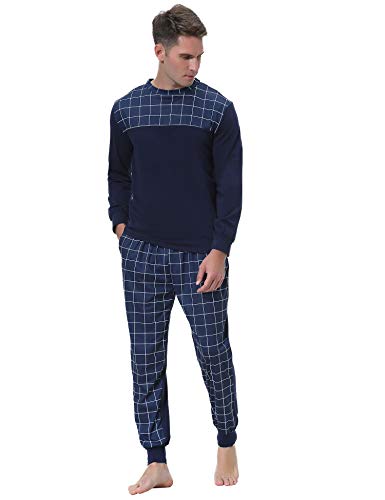 Aibrou Pijama Hombre Algodón Invierno Largo,Pijamas Cuadros Ropa de Dormir Causal Camiseta y Pantalones Cómodo cálido Talla S-XXL