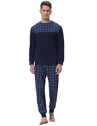 Aibrou Pijama Hombre Algodón Invierno Largo,Pijamas Cuadros Ropa de Dormir Causal Camiseta y Pantalones Cómodo cálido Talla S-XXL