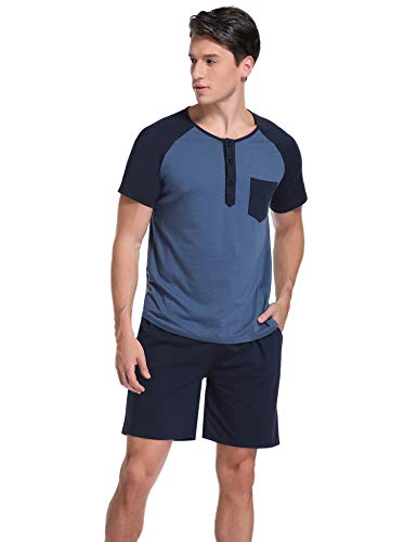 Aibrou Pijama Hombre Verano Corto Algodón Set,Pijama Causal Manga Corta 2 Piezas,Camiseta y Pantalones Cortos Cómodo y Transpirable Ropa de Dormir S-XXL