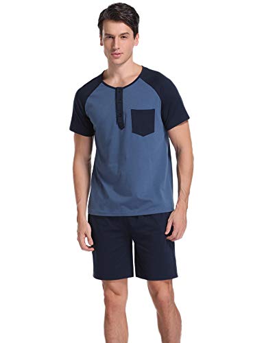 Aibrou Pijama Hombre Verano Corto Algodón Set,Pijama Causal Manga Corta 2 Piezas,Camiseta y Pantalones Cortos Cómodo y Transpirable Ropa de Dormir S-XXL