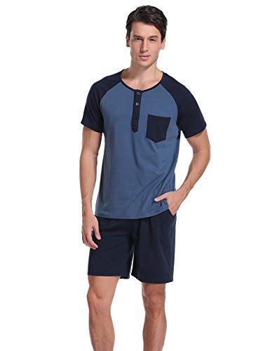 Aibrou Pijama Hombre Verano Corto Algodón Set,Pijama Causal Manga Corta 2 Piezas,Camiseta y Pantalones Cortos Cómodo y Transpirable Ropa de Dormir S-XXL