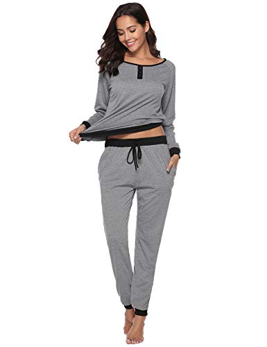 Aibrou Pijamas Mujer Algodón Invierno 2 Piezas,Ropa de Casa Dormir Casual Camiseta y Pantalones Largo Conjuntos Suave y Comodo S-XXL