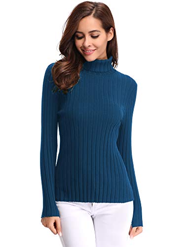 Aibrou Suéter de Cuello Alto para Mujer, Jersey Cuello Alto Manga Larga Mujer Primavera y Otoño （  Azul ， L ）