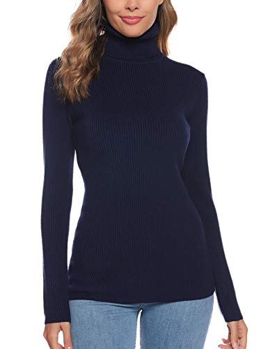 Aibrou Suéter de Cuello Alto para Mujer, Sólido Ligero y Elásticas Suaves Géneros de Punto de Manga Larga Suéter Jumper  Armada XXL