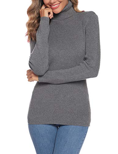 Aibrou Suéter de Cuello Alto para Mujer, Sólido Ligero y Elásticas Suaves Géneros de Punto de Manga Larga Suéter Jumper  Gris XL