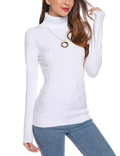 Aibrou Suéter de Cuello Alto para Mujer,Jersey de Cuello Alto y Manga Larga,Sólido Ligero Suave Elástico Prendas de Punto con Rayas de Diamante Retro Invierno (Blanco XXL)