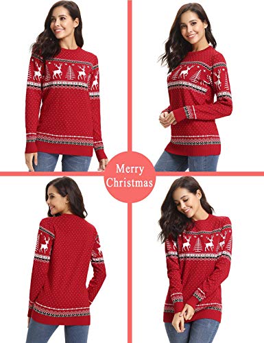 Aibrou Suéter de Navidad para Familia,Jersey Pullover de Punto de Copos de Nieve de Renos,Suéter Unisex de Navidad Invierno,Pareja suéter de Navidad (1# Mamá roja S)