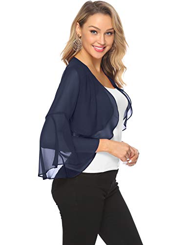 Aibrou Torera Corta para Mujer,Cardigan de Gasa Manga 3/4 Ruffle Chiffon para Verano,Mantón de Vacaciones,Bolero Casual Chaqueta de Gasa para Fiesta Boda,(Azul Marino,S)