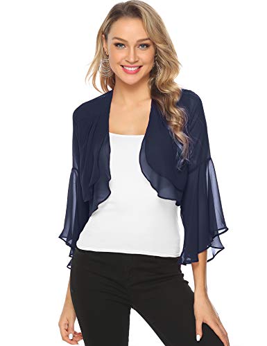 Aibrou Torera Corta para Mujer,Cardigan de Gasa Manga 3/4 Ruffle Chiffon para Verano,Mantón de Vacaciones,Bolero Casual Chaqueta de Gasa para Fiesta Boda,(Azul Marino,S)