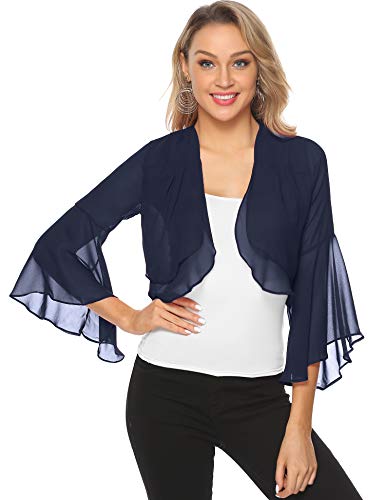 Aibrou Torera Corta para Mujer,Cardigan de Gasa Manga 3/4 Ruffle Chiffon para Verano,Mantón de Vacaciones,Bolero Casual Chaqueta de Gasa para Fiesta Boda,(Azul Marino,S)