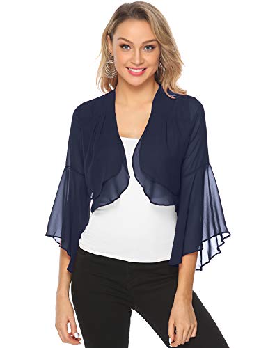 Aibrou Torera Corta para Mujer,Cardigan de Gasa Manga 3/4 Ruffle Chiffon para Verano,Mantón de Vacaciones,Bolero Casual Chaqueta de Gasa para Fiesta Boda,(Azul Marino,S)