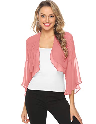 Aibrou Torera Corta para Mujer,Cardigan de Gasa Manga 3/4 Ruffle Chiffon para Verano,Mantón de Vacaciones,Bolero Casual Chaqueta de Gasa para Fiesta Boda,(Rosa,L)