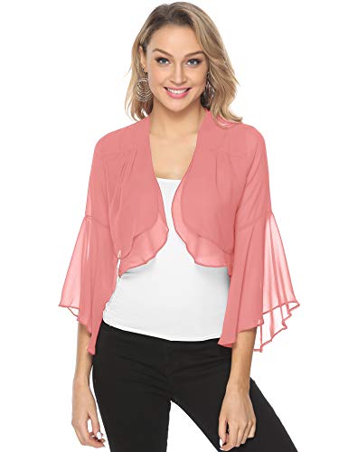 Aibrou Torera Corta para Mujer,Cardigan de Gasa Manga 3/4 Ruffle Chiffon para Verano,Mantón de Vacaciones,Bolero Casual Chaqueta de Gasa para Fiesta Boda,(Rosa,L)