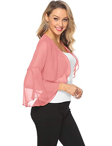 Aibrou Torera Corta para Mujer,Cardigan de Gasa Manga 3/4 Ruffle Chiffon para Verano,Mantón de Vacaciones,Bolero Casual Chaqueta de Gasa para Fiesta Boda,(Rosa,L)