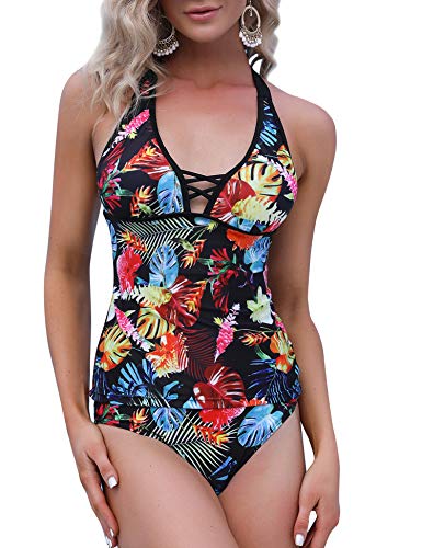 Aibrou Trajes de Baño de 2 Piezas para Mujer,Bañadores Sexys Corbata de Cuello en V Profundo Playa Monokin,Bañador de Reductor,Conjuntos de Bikinis,Playa Tankini (Flor, XXL)