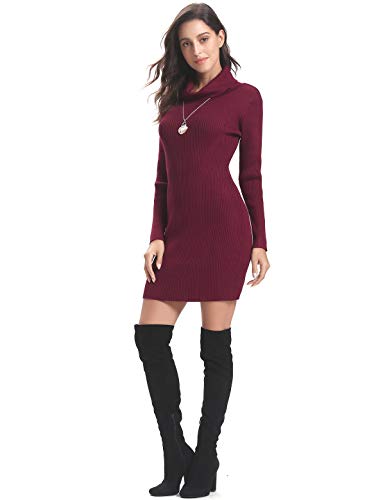 Aibrou Vestido a Punto Suéter Elegante para Mujer Jerséy Clásico para Otoño Invierno,Vestido Jersey Cuello Alto Vino Tinto L