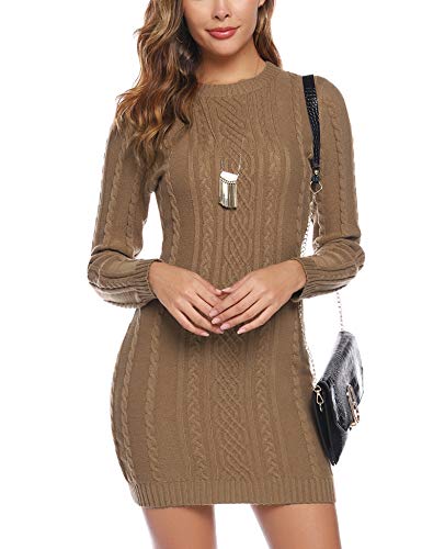 Aibrou Vestido Sueter de Punto Cuello Redondo para Mujer,Elegante Vestido de Suéter Manga Larga Elástico Delgado Clásico,Sexy Jersey Falda de Cadera Caqui XXL