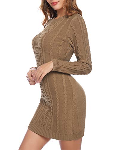 Aibrou Vestido Sueter de Punto Cuello Redondo para Mujer,Elegante Vestido de Suéter Manga Larga Elástico Delgado Clásico,Sexy Jersey Falda de Cadera Caqui XXL