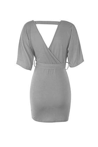 Ajpguot Verano Mujer Color Sólido Vestido de Cadera Cuello Sexy V-Cuello Manga Corta Vestidos con Cinturón Mini Dress Elegante Bodycon Corto Vestidos de Fiesta (S, Gris)