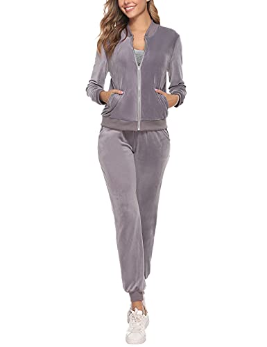 Akalnny Chándal Conjunto Mujer de Terciopelo Informal Pijamas Trajes Chaquetas de Manga Larga con Cremallera + Pantalones de Cintura Alta Gris