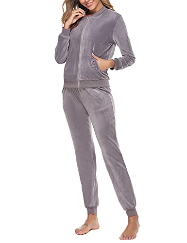 Akalnny Chándal Conjunto Mujer de Terciopelo Informal Pijamas Trajes Chaquetas de Manga Larga con Cremallera + Pantalones de Cintura Alta Gris