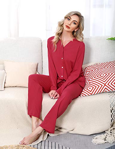 Akalnny Pijama Camisero Mujer Invierno Algodón con Botones Conjutno de Pijamas 2 Piezas Manga Larga Cintura Elástica Suave Cómodo