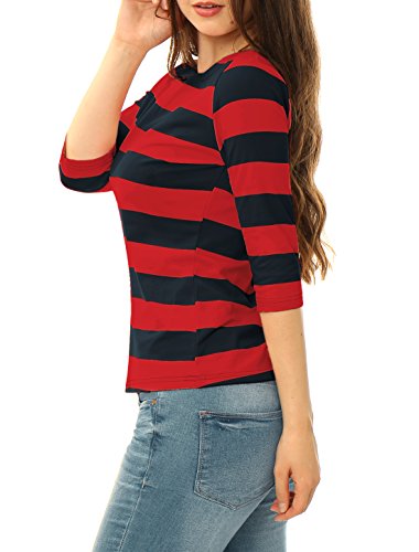 Allegra K Blusa De Rayas Mangas del Codo Cuello Barco para Mujeres Día de San Patricio Rojo Azul L